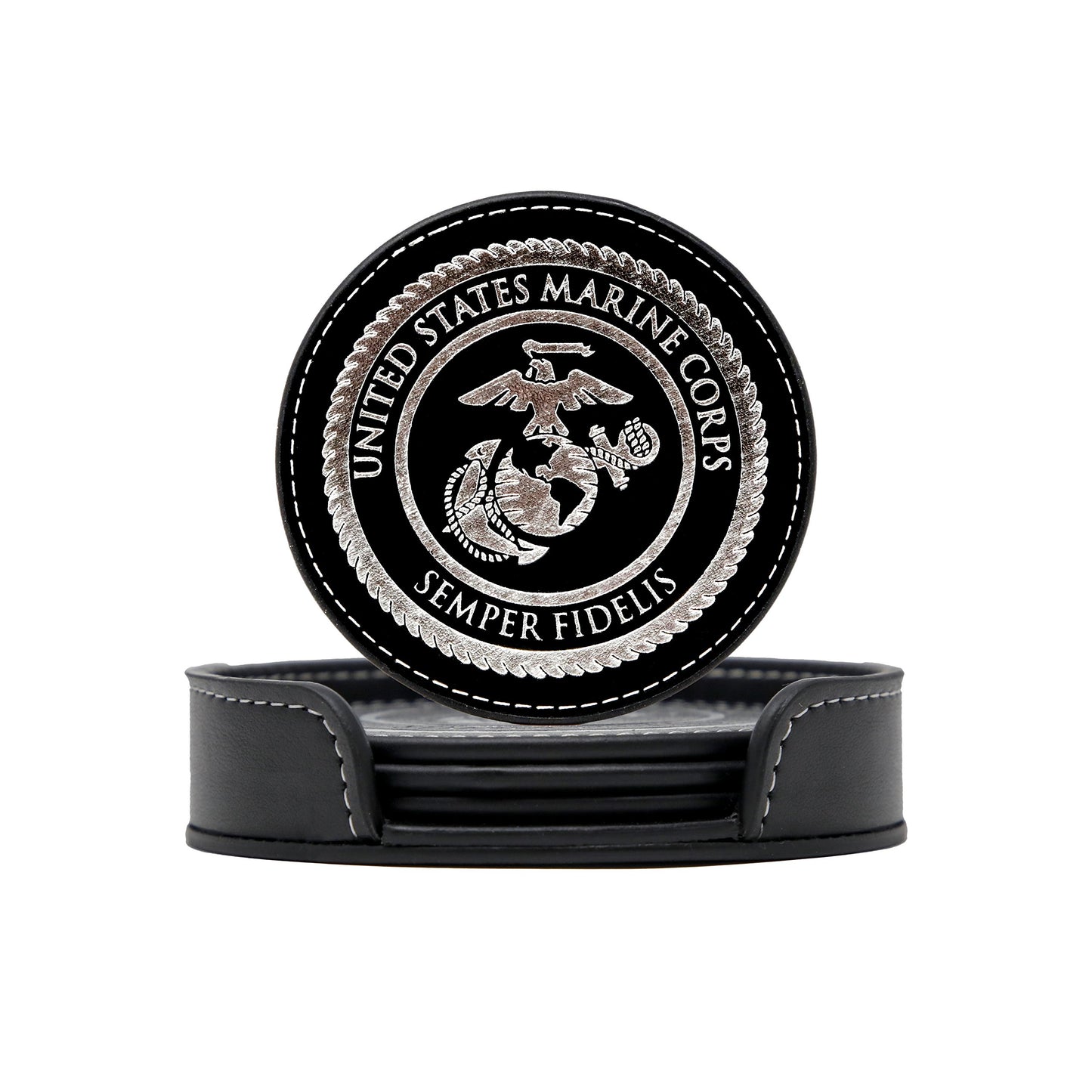 USMC Leather Coaster Set - 4 Premium Coasters with Hot Stamped Foil US Marines EGA Logo - Marine Corps Gift | USMC Leather Coasters