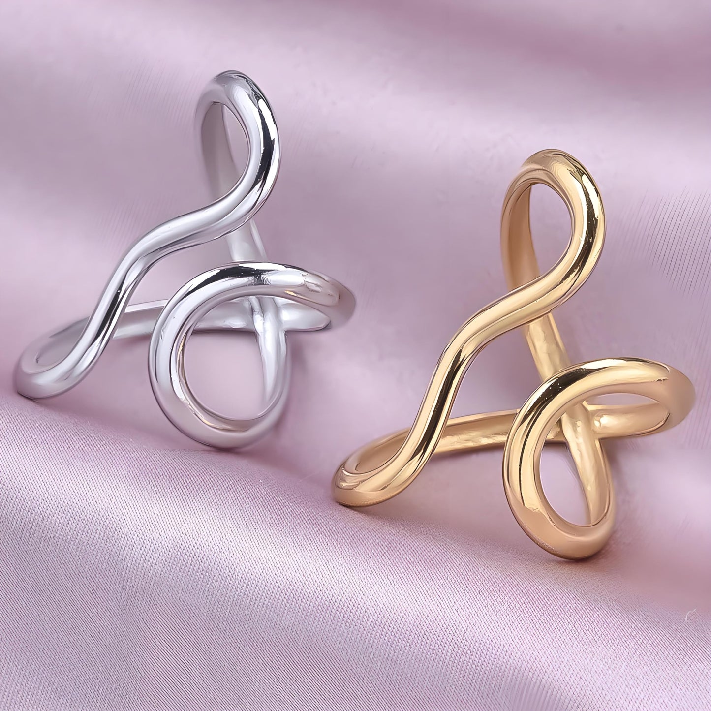 AIETUE Chunky Rings For Women, Gold Silver Thumb Ring Asymmetrical Wavy Curve Ring Adjustable Non Tarnish Dainty Stainless Steel New Year Anniversary Birthday Jewelry Gift (Gold+Silver)