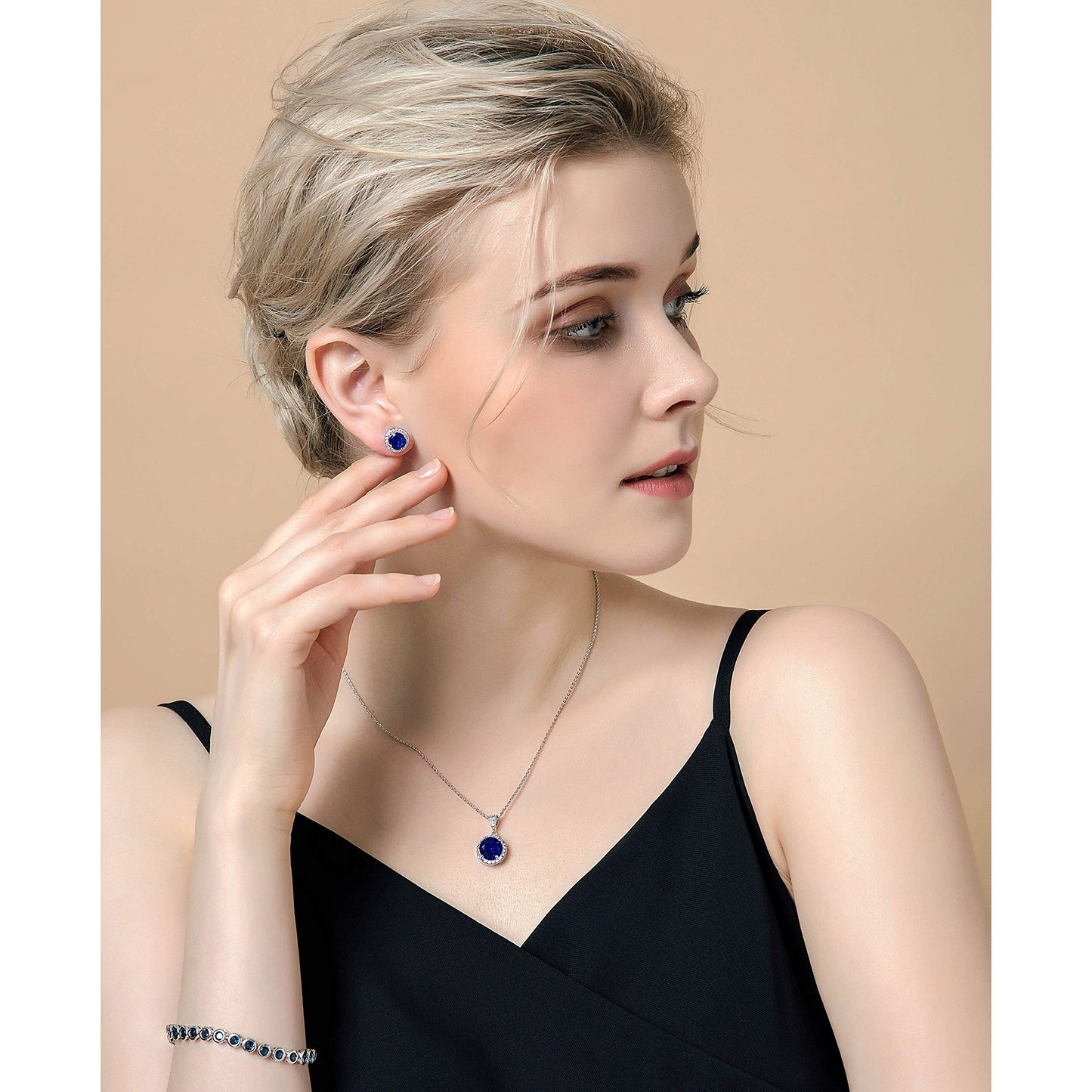 Jewelry Set for Women Blue - Silver Round Cut Crystal Navy Blue Sapphire Rhinestone Necklace Earrings Set September Birthstone Jewelry Pop Style for Lady Party Prom Birthday Jewelry Accessories