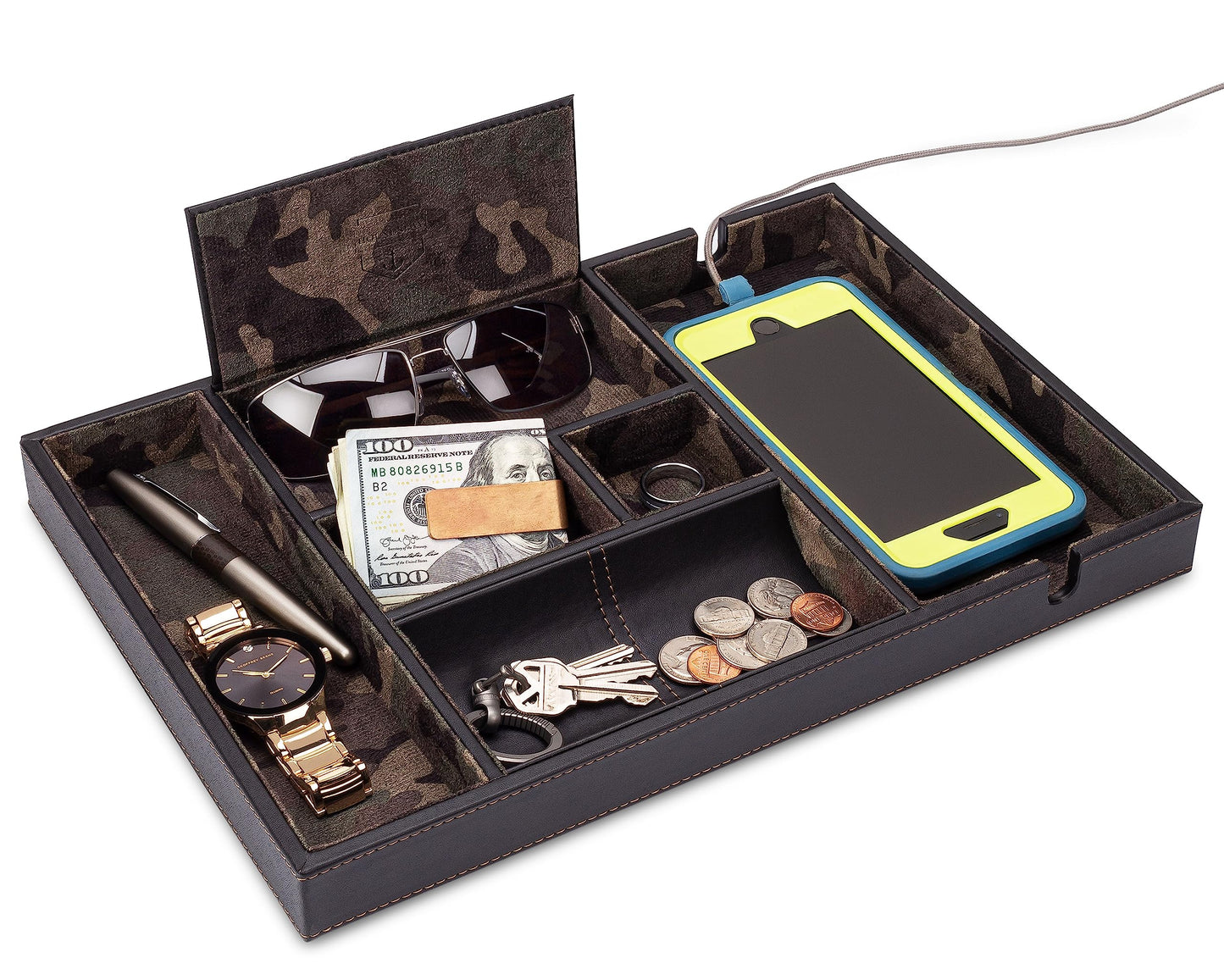 HOUNDSBAY Victory Valet Tray for Men, Camo Gifts for Men, Handmade PU Leather EDC Tray, Scratch Resistant, Nightstand Organizer - Black Woodland Camo