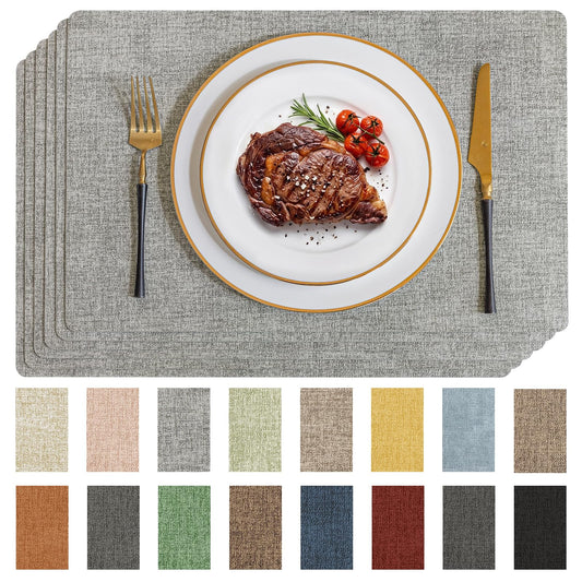 Romanstile Vinyl Placemats Set of 6-12 X 17 Inch - Faux Leather 100% Waterproof Wipeable Anti Slip Place Mats, Heat Resistant Reversible PU Table Mats for Kitchen Dining Party Outdoor, Light Grey
