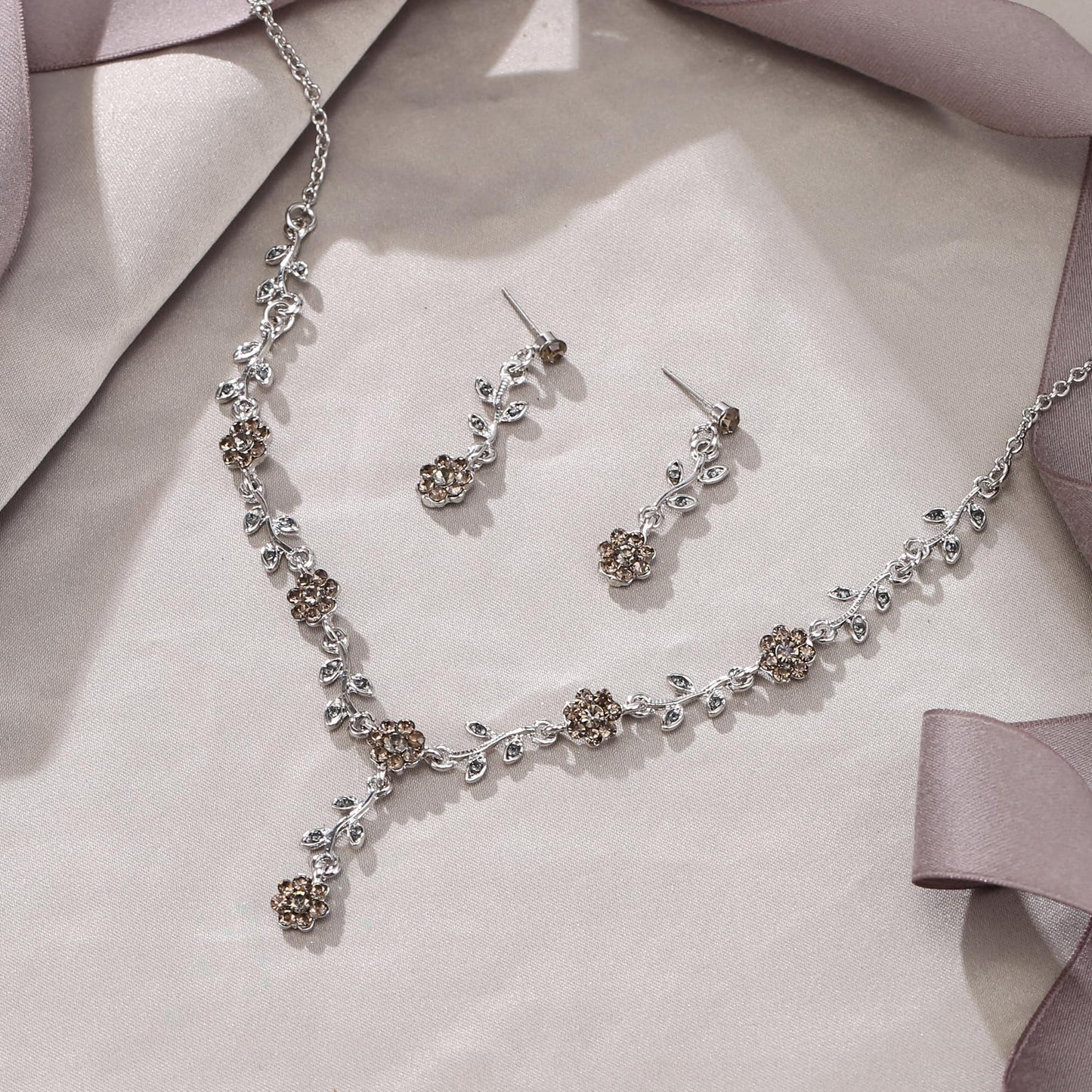 EVER FAITH Rhinestone Costume Jewelry Austrian Crystal Prom Party Feast Flower Necklace Earrings Set for Women Grey Silver-Tone