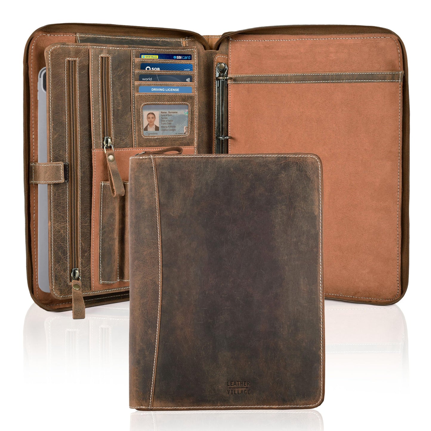 LEATHER VILLAGE Genuine Leather Zipper Portfolio Organizer - Professional Business 4 Ring Binder Padfolio Binder for Documents, Cards, iPad, Tablet, Phone, Resume Folder, Folio for Men & Women - Tan