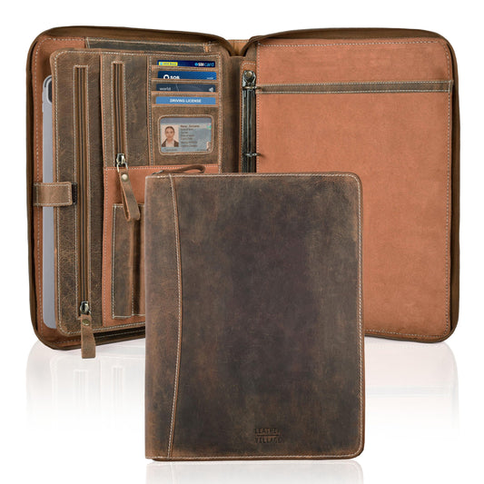 LEATHER VILLAGE Genuine Leather Zipper Portfolio Organizer - Professional Business 4 Ring Binder Padfolio Binder for Documents, Cards, iPad, Tablet, Phone, Resume Folder, Folio for Men & Women - Tan