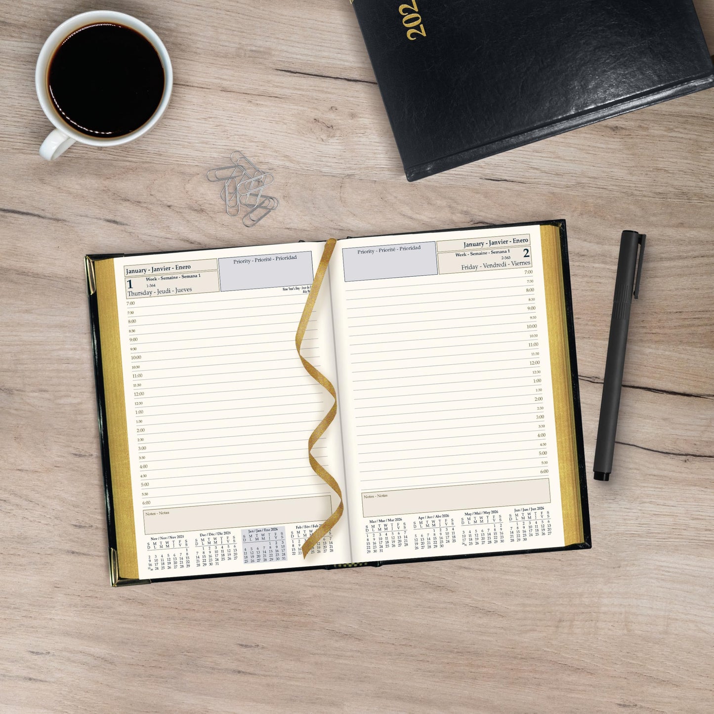Brownline® 2026 Executive Daily Planner, Appointment Book, 12 Months, January to December, Sewn Binding, 7.125" x 4.875", Black, Trilingual (CBE504-26)