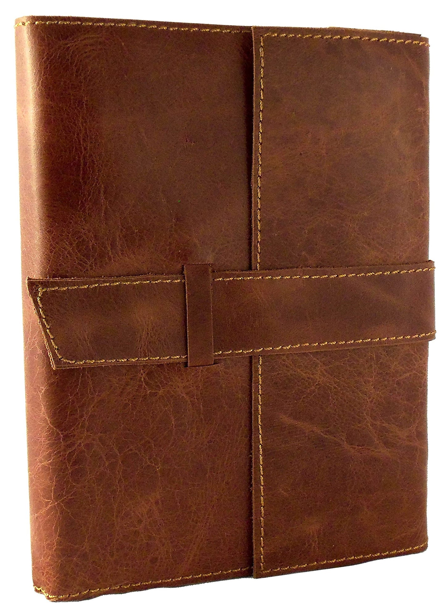 Distressed Leather Refillable Travel Journal with Handmade Paper - 6 x 8" Sketchbook Notebook - Saddle Brown