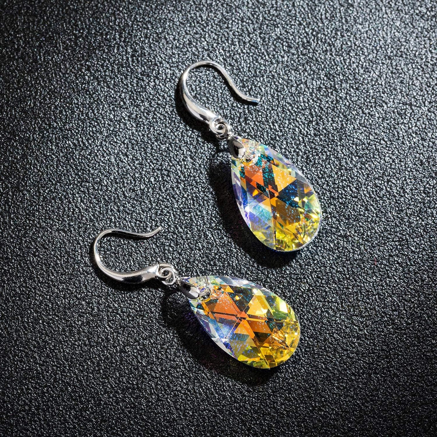 Austrian Crystal Teardrop Dangle Hook Earrings for Women 14K Gold Plated Hypoallergenic Jewelry (Aurora Borealis)