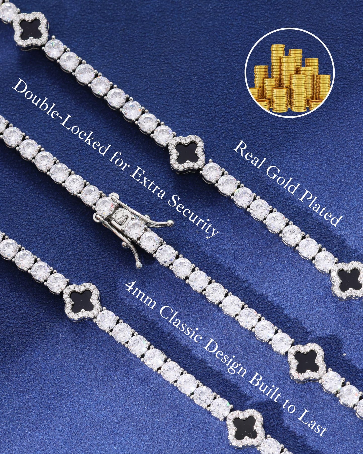 LuxeFlex 4mm Iced Out Clover Tennis Bracelet, White Gold Plated with 5A Zircon Stones, Handmade exquisite Hip Hop Jewelry, Perfect Unisex Gift (White Gold, 7)