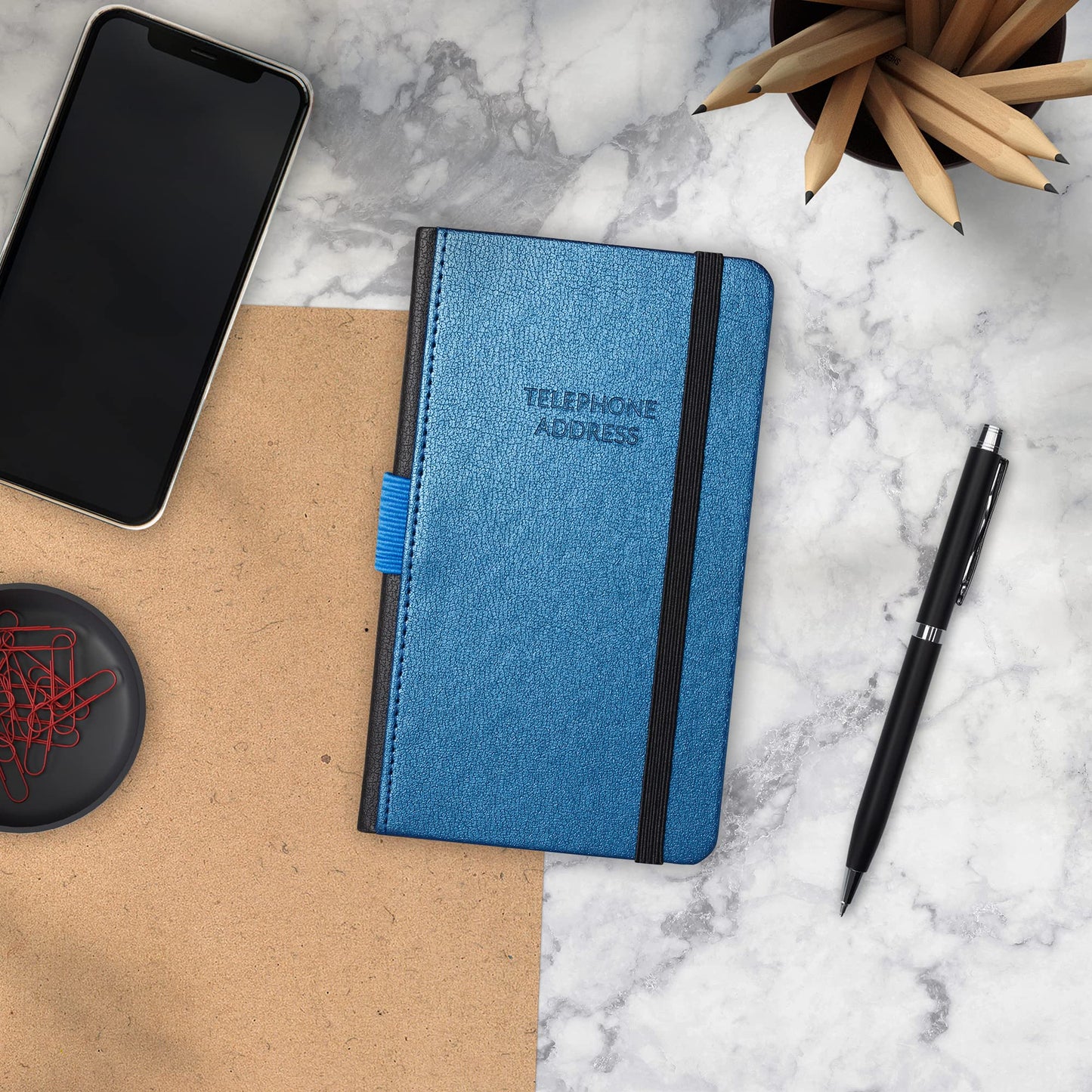 Skyline Address Book – Mini Telephone Contact Book with Password Log for Purse – Small Phone Number Book for Women & Men – Pocket Size, 3.5x6.2″, Hardcover (Mystic Blue)