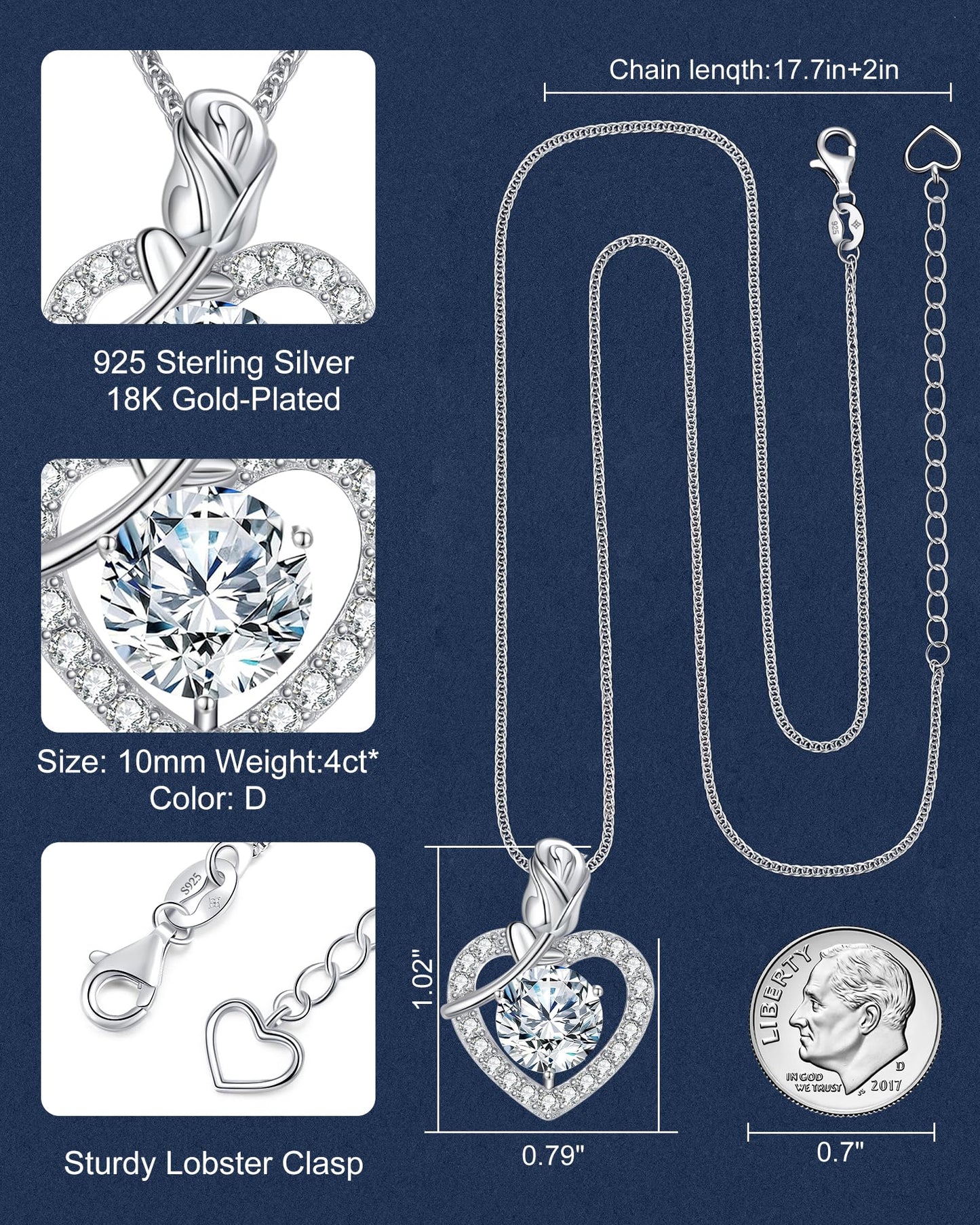 N9NEMUSES Rose Heart Pendant Necklace Gifts for Wife, 4 Carat Moissanite Necklace, 925 Sterling Silver Anniversary Birthday Gifts for Women, Jewelry Gifts for Wife Mom Daughter