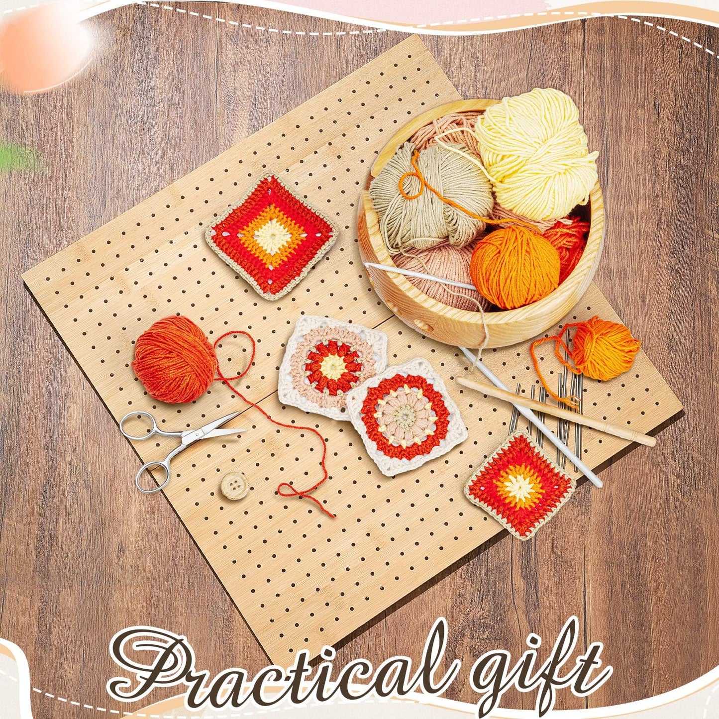 Beeveer 17x17" Foldable Crochet Blocking Board with 10 Pins/Pegs Large Blocking Board for Crocheting Knitting, Bamboo Granny Square Boards, Wooden Crocheting Accessories Gifts for Crocheters