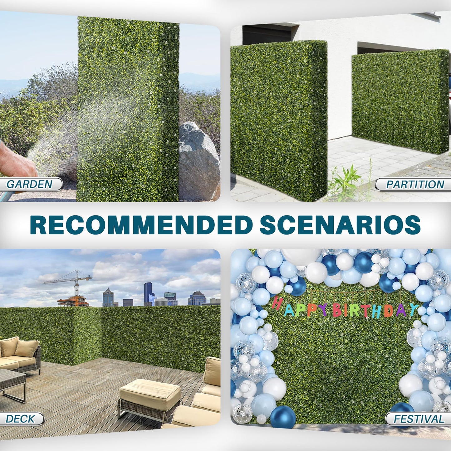 COARBOR 72" x 72" x 6" Artificial Boxwood Hedge Wall Milan with White Flowers Interior Divider Privacy Fence Faux Greenery Backdrop for Home Decor, Party Decor, Backyard Balcony Deck