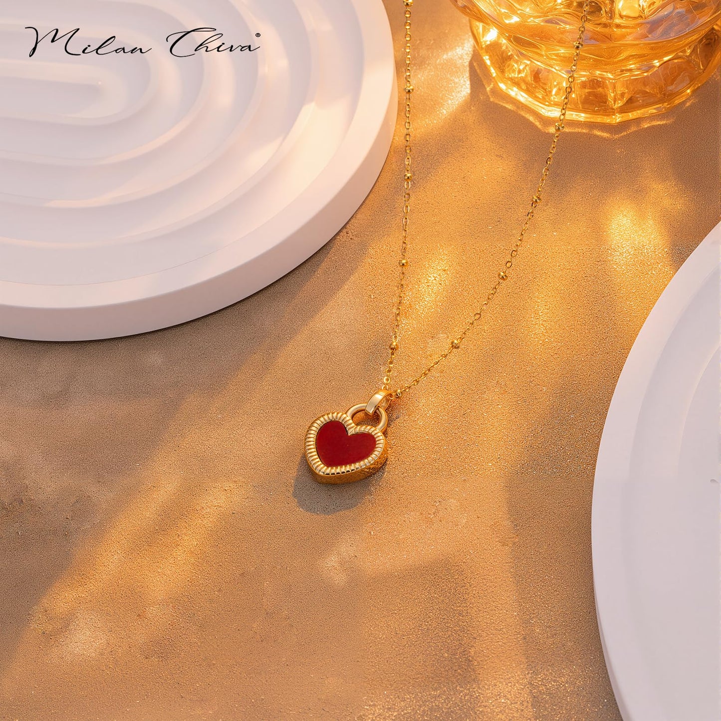 Milan Chiva Womens Heart Pendant Gold Necklace 14K Double Side Dainty Shell Statement Chain Jewelry MNS-1030WRD