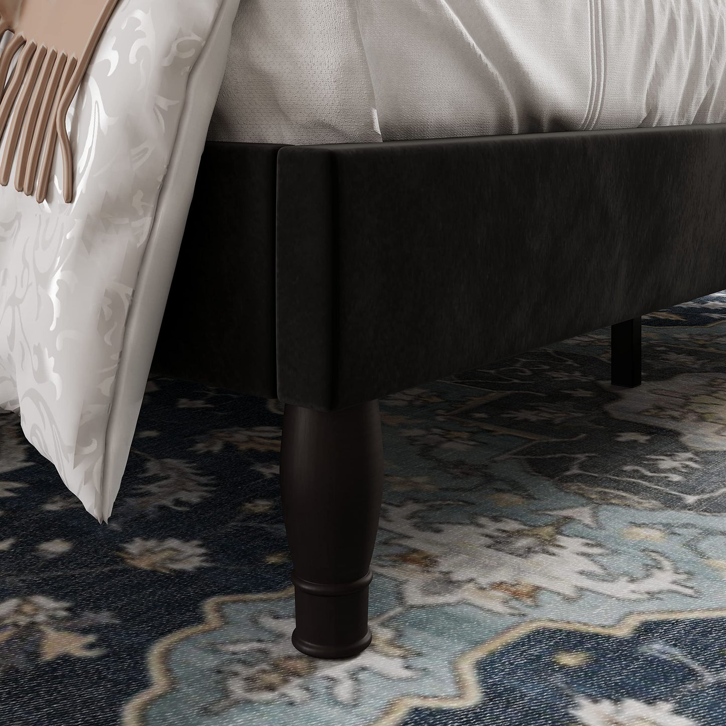 Allewie King Bed Frame with Adjustable Velvet Tiara Headboard, Upholstered Diamond Button Tufted Platform Bed, Wood Slats Support, No Box Spring Needed, Mattress Foundation, Easy Assembly, Black