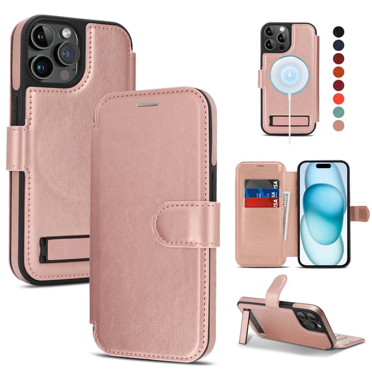 CIVICASE for iPhone 15 Pro Max Wallet Case with Stand,PU Leather Flip Credit Card Holder Slots (RFID Blocking),Compatible with Magsafe Magnetic Holder Phone Cover Women Men,Rose Gold