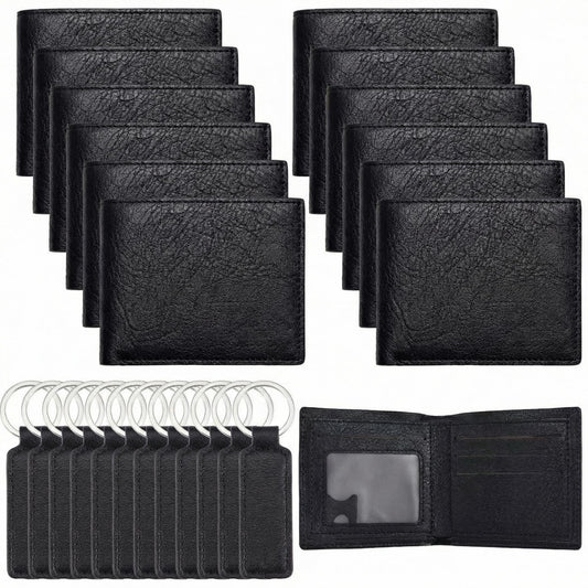 Frienda 12 Sets Fathers Day Black Leather Photo Wallet and Keychains for Men PU Leather Bifold Wallets with Pockets Gifts Church Bulk for Husband Son Dad
