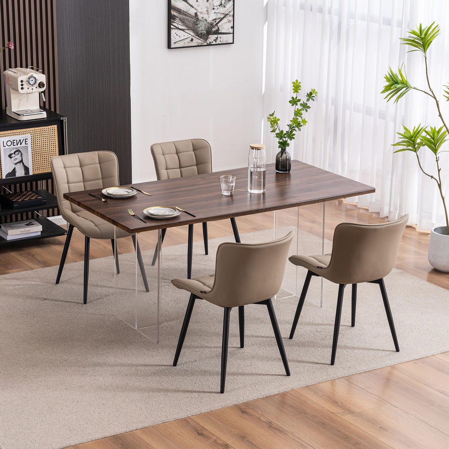 YOUTASTE Khaki Dining Chairs Set of 2, Comfy Faux Leather Upholstered Kitchen Chairs with Black Metal Legs, Mid-Century Modern Design, Accent Chair for Dining Room, Bedroom, Reception