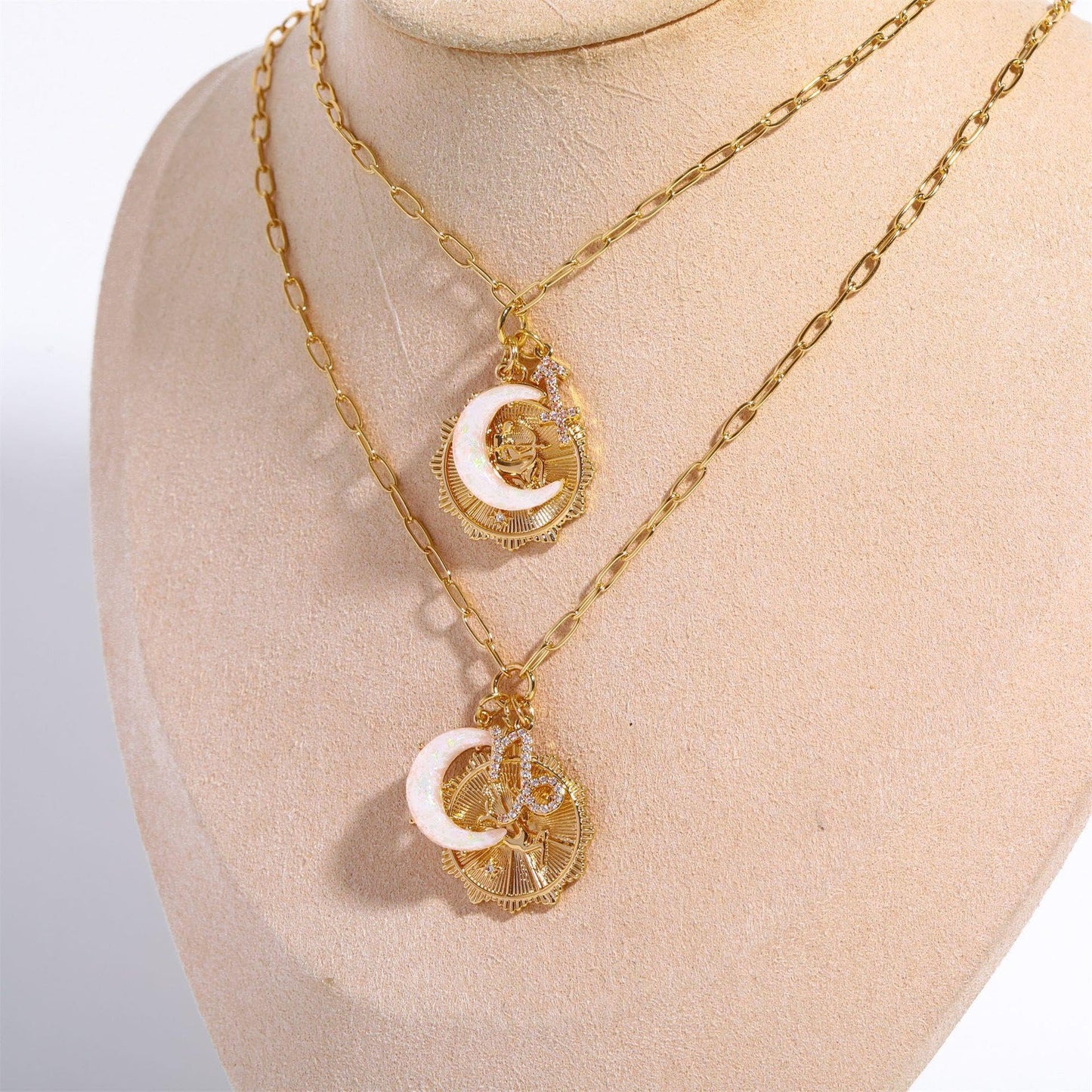 Lanadale Dainty Gold Virgo Zodiac Coin Opal Crescent Moon Charm Necklace for Women Trendy 18K Gold Plated Retro Paperclip Chain 12 Constellation Horoscope Necklaces Astrology Jewelry Gifts
