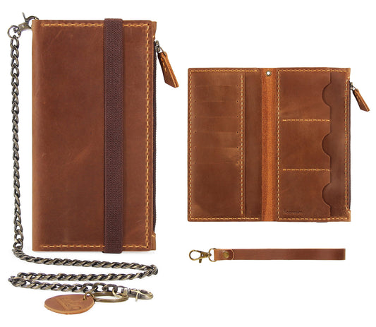 Robrasim Leather Wallet for Men and Women, Handmade Detachable Chain Wristlet Long Bifold Clutch with Large Capacity Zipper Coin Pocket (Brown, 7.87"x4.17")