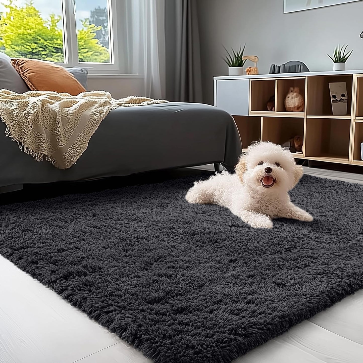 OLANLY Area Rugs - Soft Fluffy Shaggy Indoor Carpet for Living Room & Bedroom | 4x11 ft, Black