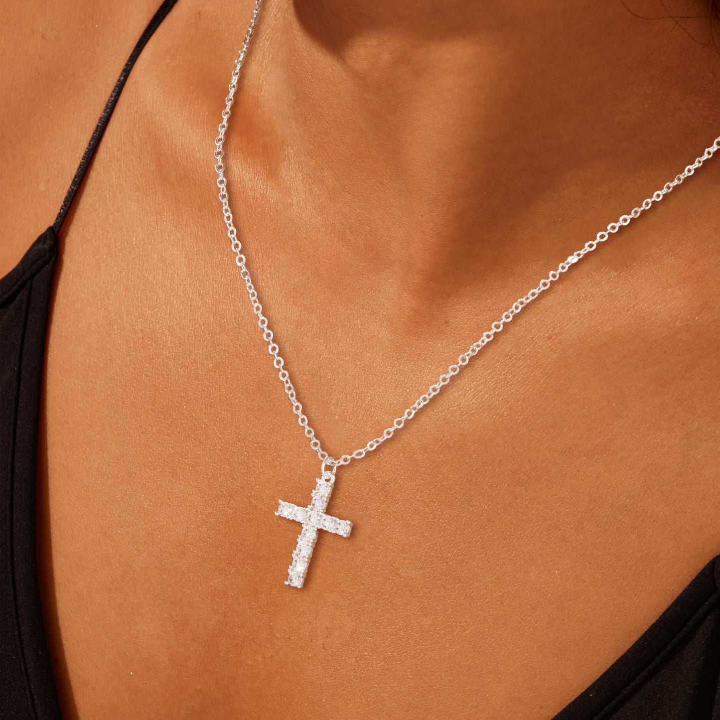 Layered Silver Gold Necklaces for Women,Silver Plated Dainty Stackable Choker Necklaces for Women,Trendy Layering Cubic Zirconia Cross Pendant Paperclip Thin Chain Necklace Set Jewelry Gifts for Women