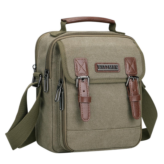 WITZMAN Canvas Crossbody Bag for Men Small Messenger Bag Vintage Shoulder Bag Man Purse for Work Travel(A8015 Army Green)