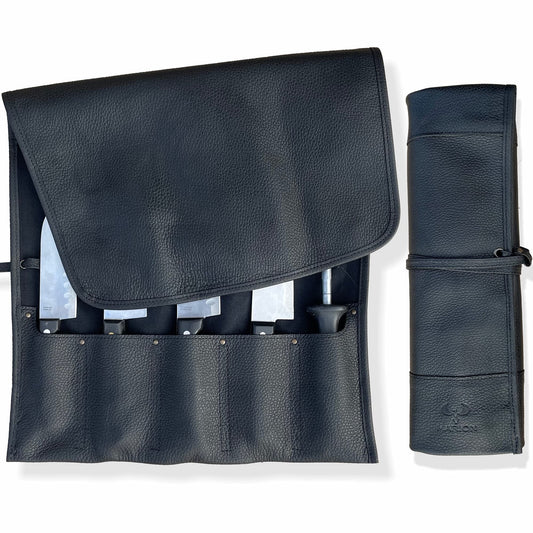 MARION - LA PETITE - Genuine Calf Top Grain Black Leather - Handcrafted Professional Chef's Knife Storage Roll Bag - 5 Pockets