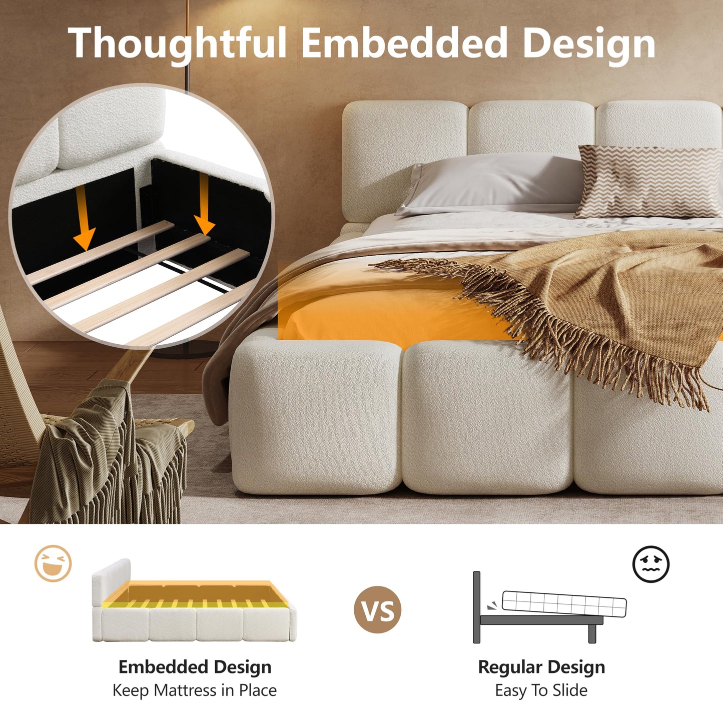 Merax King Size Boucle Platform Bed with Thick Headboard and Footboard, Block Style Upholstery Floor Bed Frame, White