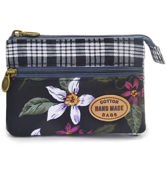 GUXL Women Small Zipper Coin Purse, Handmade Fabric Flower Embroidered Change Pouch, Cotton Double Zipper Wallet