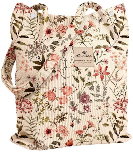 Miss Adola Corduroy Tote Bag for Women - Reusable Totes with Inner Pocket & Buckle Cute Aesthetic Design Cloth Shopping Grocery Shoulder Bag for Work Travel, Flower