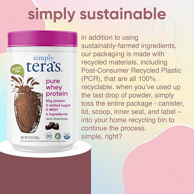 Simply tera's Pure Whey Protein Powder - Dark Chocolate Clean Protein Powder, Grass Fed Whey Protein Powder Without Artificial Sweeteners, Clean Label, Non-GMO, Kosher, rBGH-Free - 12 Oz