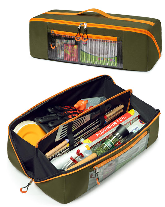 Marscamd 22” Grill Tool Storage Bag with Dual Inner Compartments, Wide-Open Grill Utensil Storage Bag for Grill, Griddle and Barbecue Tools, Green (No Accessories)