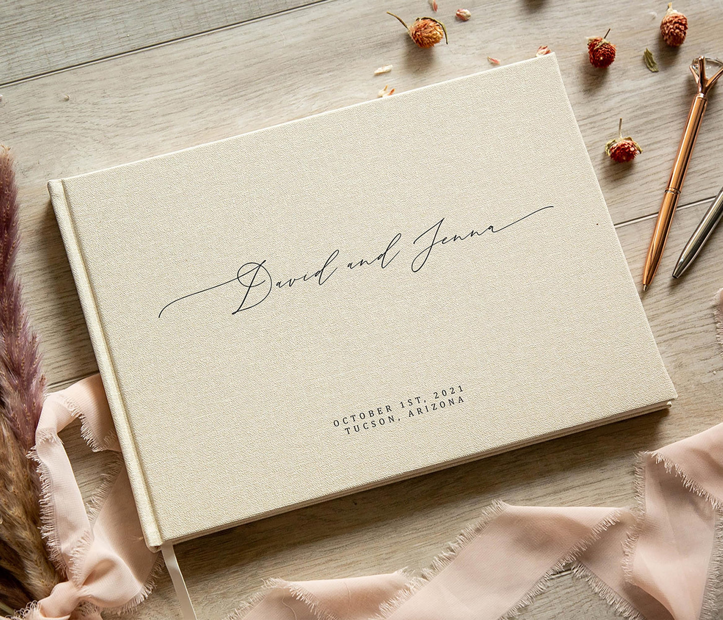 MUUJEE Personalized Guestbook in Cream - Premium Custom Modern Guest Book for Wedding Reception, Birthday Party or Events w/Bookmark Blank Pages for Signing, Extra Large 11.5 x 8.5 inches