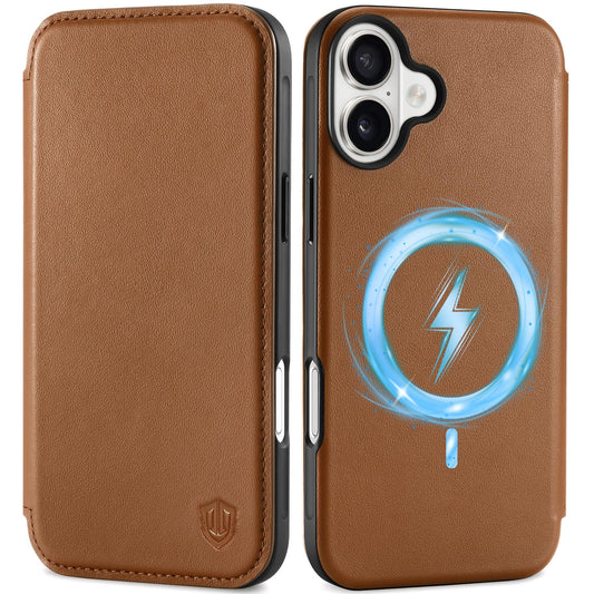 SHIELDON Wallet Case for iPhone 16 Plus 5G 6.7", Genuine Leather Slim RFID Blocking Card Case Folio Magnetic Shock-Absorbent Wireless Charging Compatible with iPhone 16 Plus - Saddle Brown