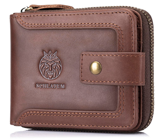 SCHLATUM Genuine Leather Zipper Wallet for Men RFID Blocking Large Capacity Vintage Wallet with Coin Pocket ID Window, Coffee