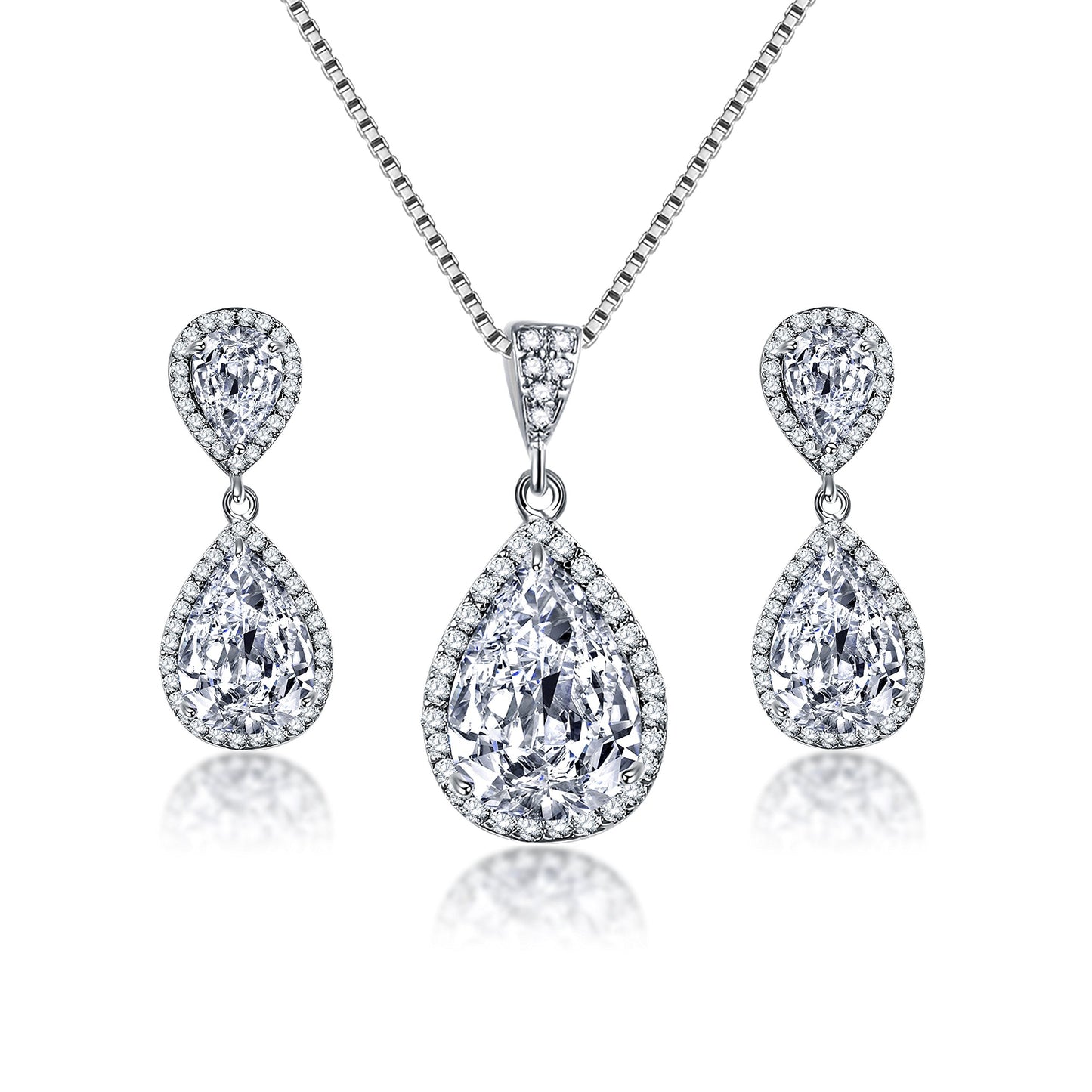 Crystal Jewelry Set for Women - Charming Pear-Shape Sterling Silver Full Teardrop Cubic Zirconia Bridal Pendant Necklace Dangle Earrings Set for Prom Party Wedding Jewelry Set for Bride Bridesmaids