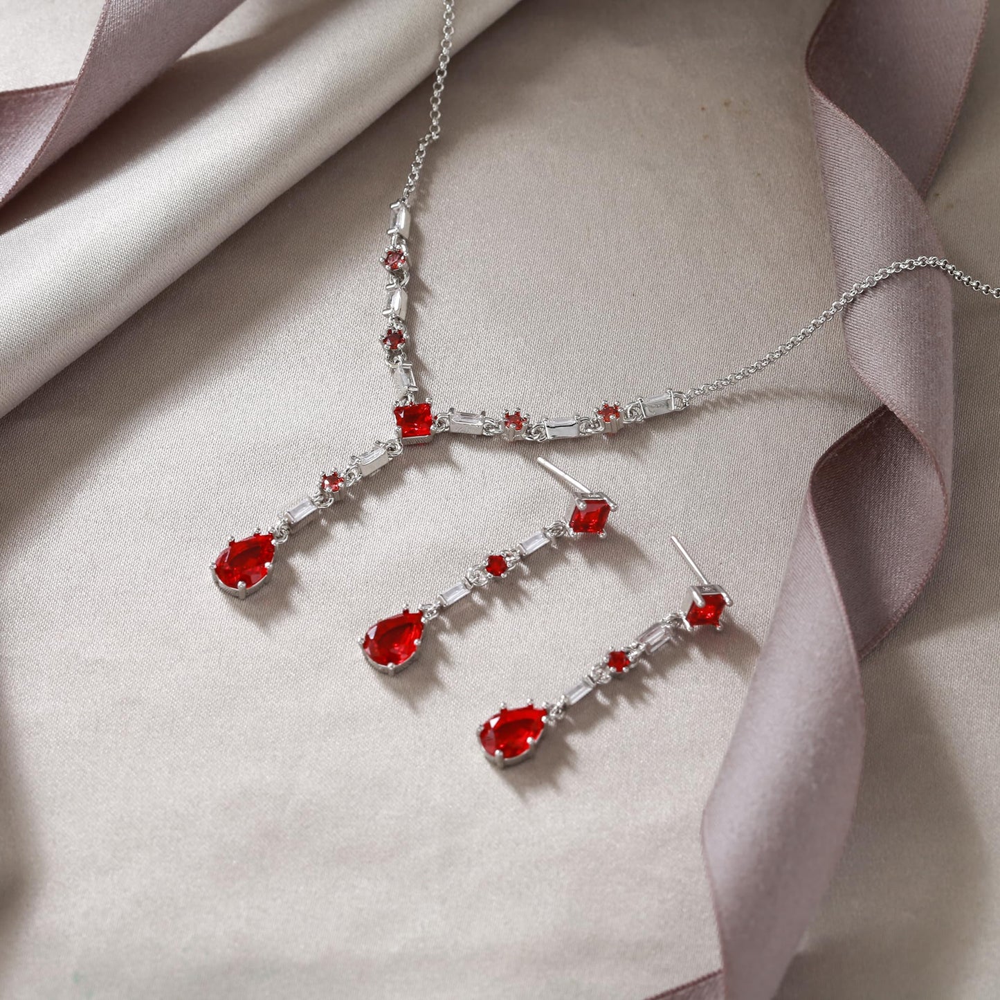 EVER FAITH Red Cubic Zirconia Jewelry Set Elegant Rhombic Birthstone Teardrop Wedding Prom Choker Necklace Dangle Earrings Sets for Women