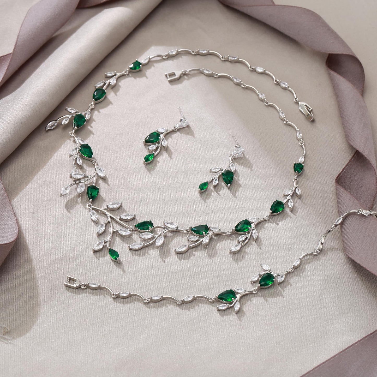 EVER FAITH Wedding Prom Jewelry Set for Women, Sparkly Green CZ Pear-Shaped May Birthstone Leaf Necklace Dangle Earrings Tennis Bracelet Sets for Party