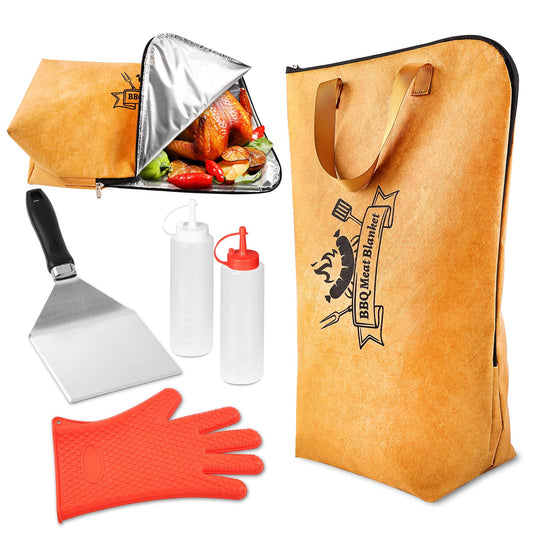 ROMANTICIST 5-in-1 Grill Accessories Set with Insulated Meat Resting Blanket & Heavy Duty Spatula – BBQ Tools Kit, 5-Layer Heat Retention, Leak-Proof for Brisket Turkey Pork Shoulder Outdoor Barbecue