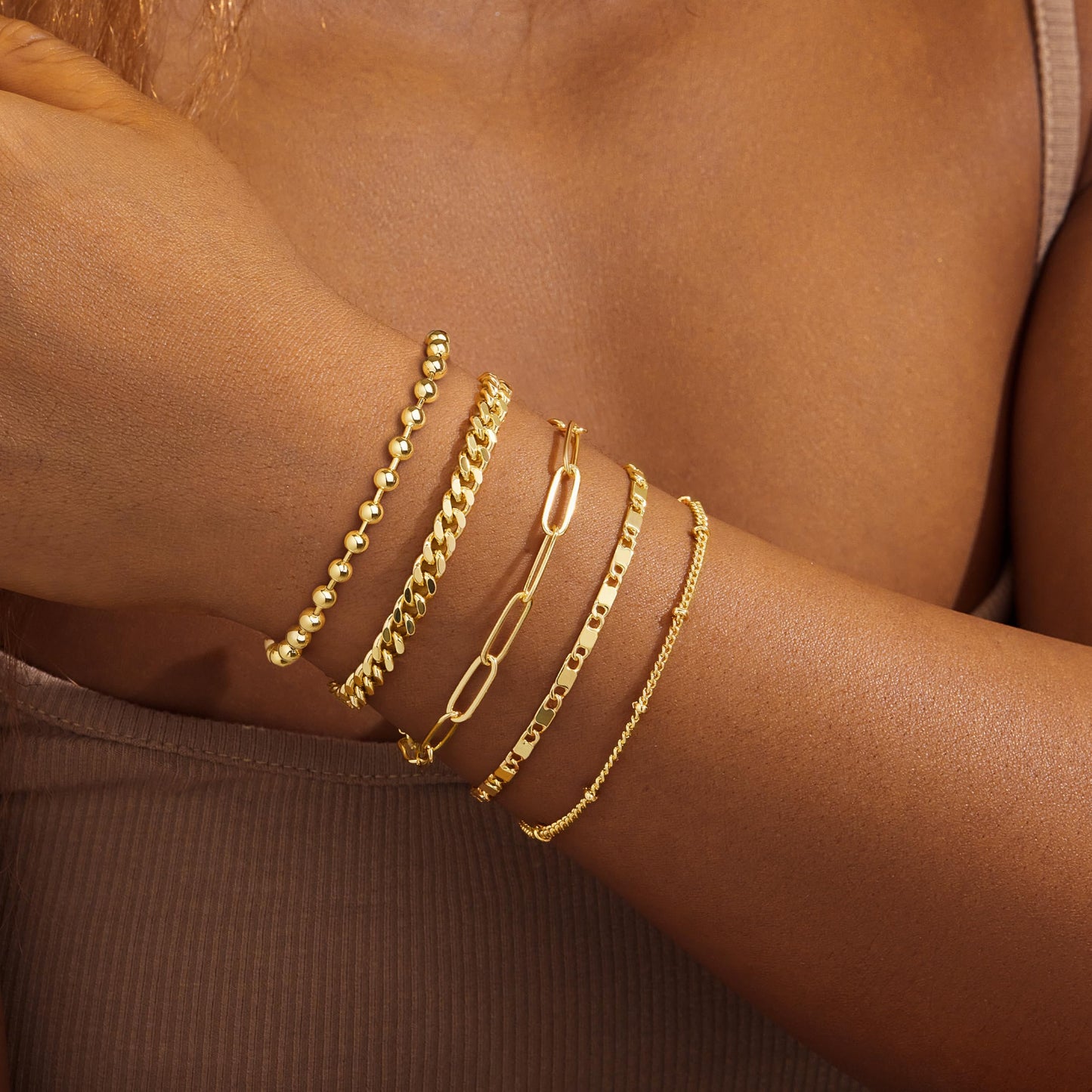 Poxtex Gold Bracelets for Women Trendy, 5pcs Dainty Stackable Bracelets for Women Waterproof, 14k Real Gold Bracelets Stack With Beaded Cuban Paperclip Satellite Mirror Chain, Gold Jewelry Set Gifts