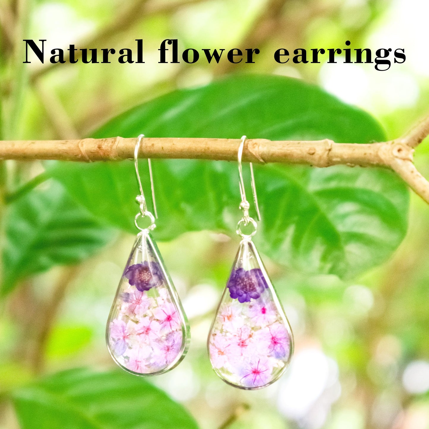 925 Sterling Silver Pressed Flower Teardrop Earrings,Hypoallergenic Women's Jewelry Gift for Mom,Handmade natural dried flower teardrop earrings Jewelry Gift (Emerald Color)