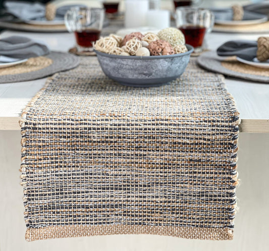 Chardin home Natural Jute Table Runner 13x108 Inch – Vintage Boho Rustic Table Decor – Handwoven Long Table Runner in Natural Jute and Grey – Farmhouse Dining or Console Table Accent