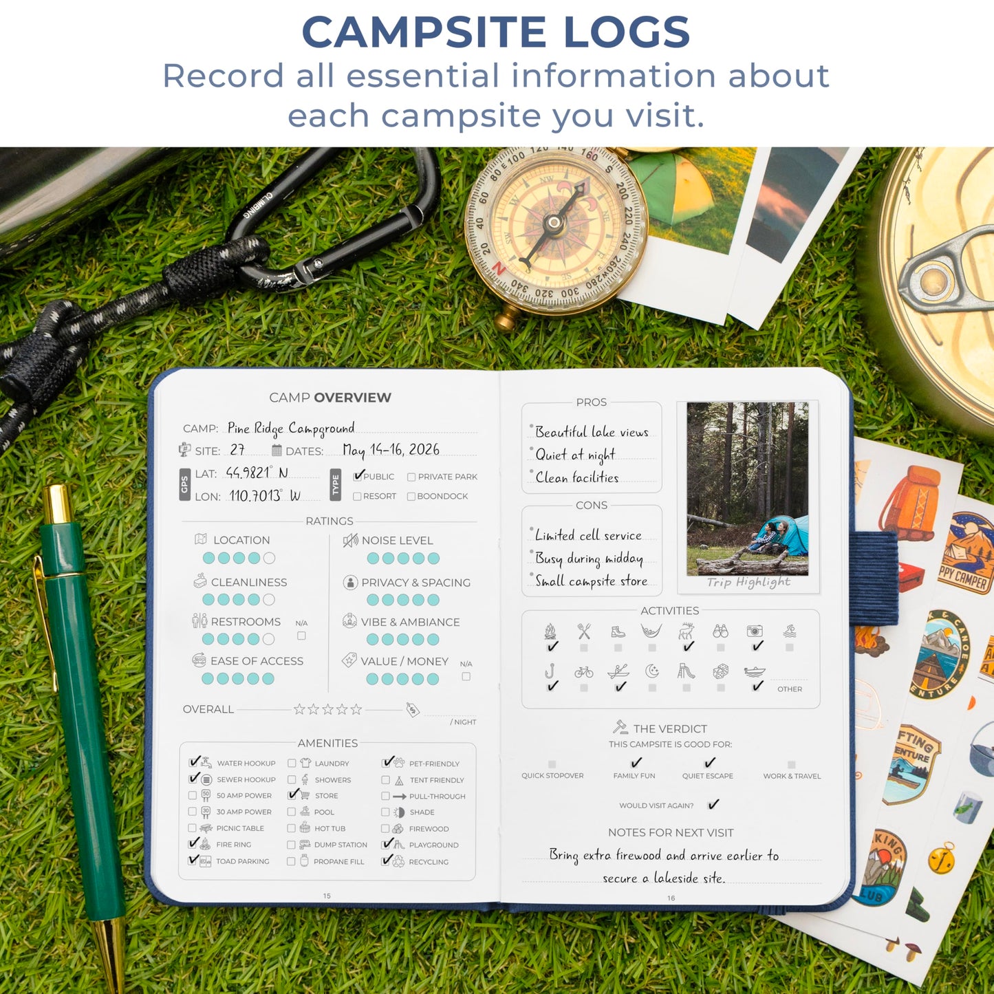 Clever Fox Camping Journal Pocket – Camping Log Book & Outdoor Adventure Journal – RV Travel Log Book – Gifts, Accessories & RV Essentials for Travel Trailers, 14 Trips, 3.7x5.7” (Mystic Blue)