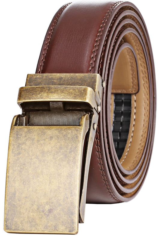 Marino Avenue Ratchet Belt for Men. Adjustable Leather Dress Belt with 38 Easy to Click Into Place Ratchet Closures. Medium Size Belt Men Adjustable for 28" to 44" Waist (Gold Vintage - Brown)