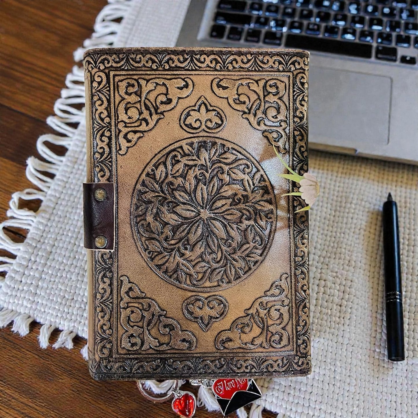 Old Leather Journal, junk notebook Lock Closure, Book of Shadows blank spells, Grimoire, Witch, Vintage 200 pages Antique Deckle Edge Paper Sketchbook and Travel Notebook Stone Moon journal 7x5