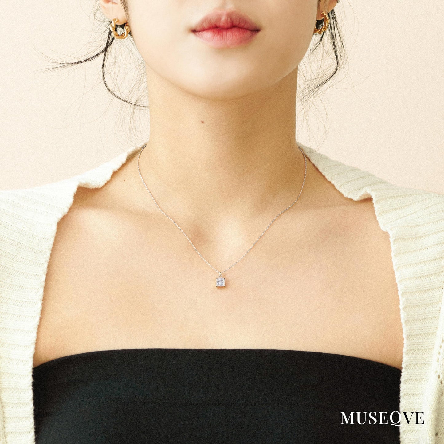 MUSEQVE 14K Gold Plated Solitaire Necklace for Women • Square CZ Diamond Princess Cut Cubic Zirconia Pendant Jewelry • Adjustable Chain Non Tarnish Bridesmaid Gifts [CZN-SQ-S]