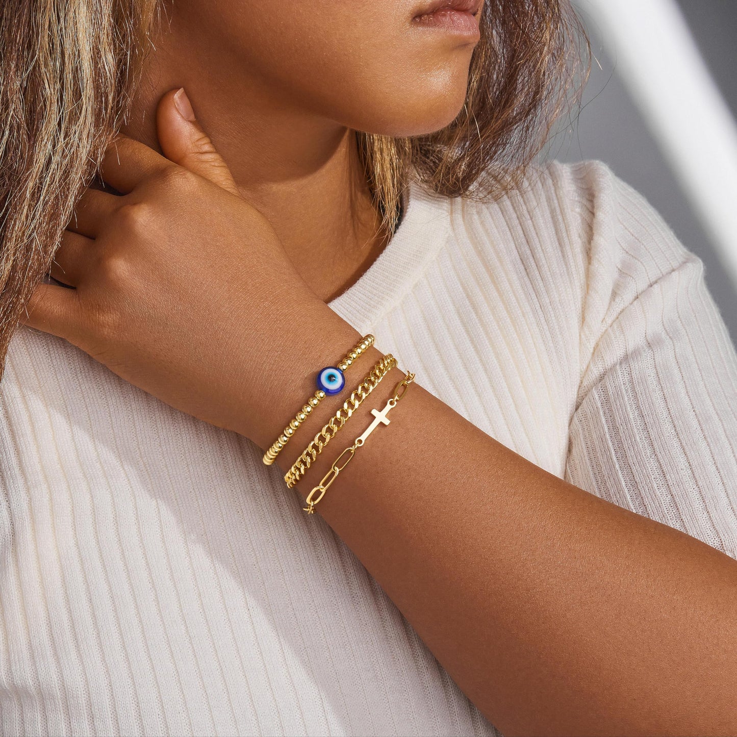 Gold Bracelet for Women, Dainty 14k Gold Filled Bracelets Set Adjustable Stretch Beaded Cuban Cross Bracelet Stack WaterProof Jewelry Gifts for Women