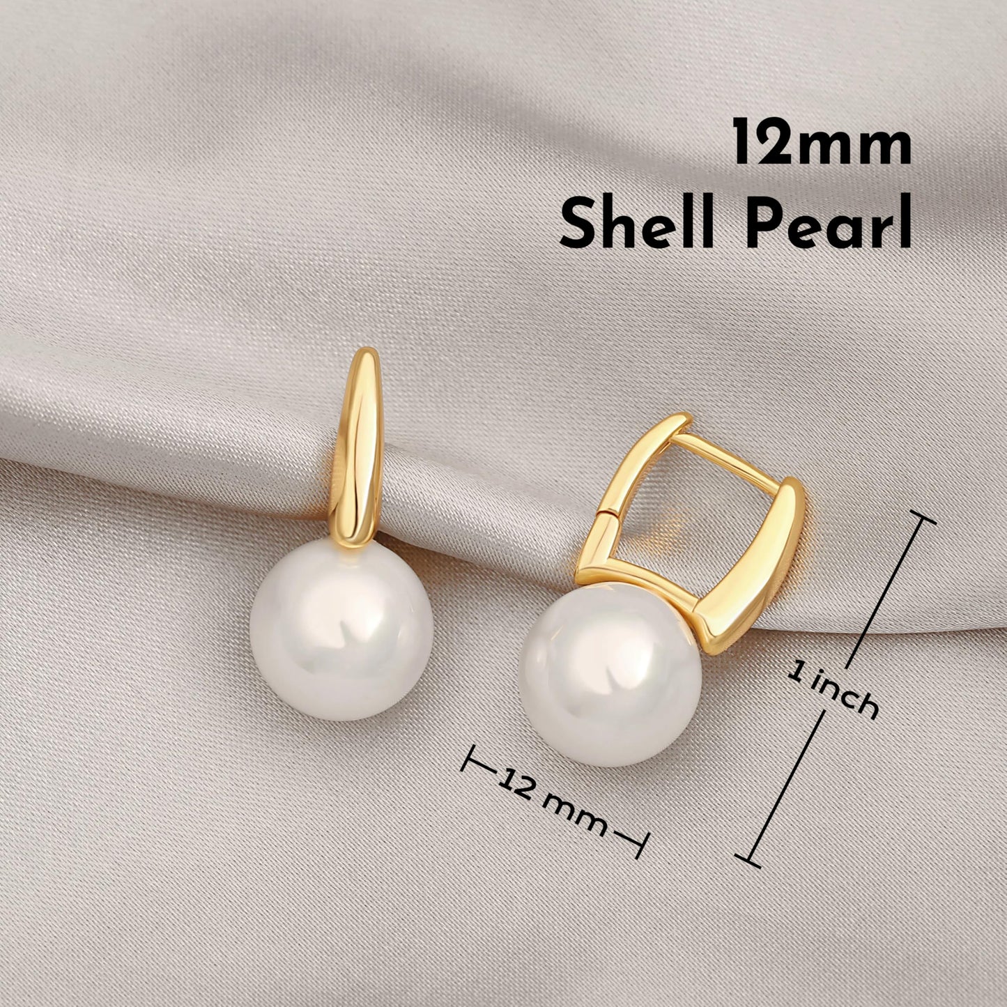 18k Gold Plated Pearl Drop Earrings for Women, Square Hoop Earrings with 12mm Shell Pearl, Dainty Wedding Jewelry for Bridal