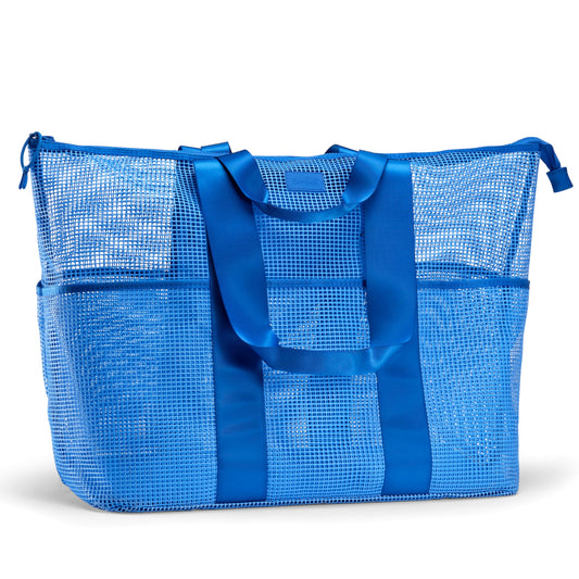 Fit & Fresh The Shore Thing™ Marine Grade Mesh Beach Bag with Pockets - Waterproof Sandproof Tote Bag, Lightweight Foldable Tote Bag, XL Travel Bag, Beach Vacation Essentials, Marina Blue