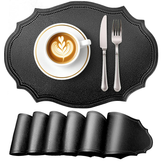 fanquare Faux Leather Placemats Set of 6,Oval Heat-Resistant Wipeable Surface Tablemats, Non-Slip Grip, Waterproof Table Décor for Dining, Black